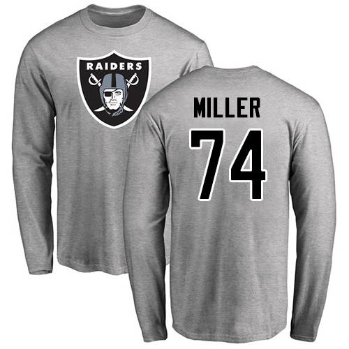 Men Oakland Raiders Ash Kolton Miller Name and Number Logo NFL Football #74 Long Sleeve T Shirt->nfl t-shirts->Sports Accessory